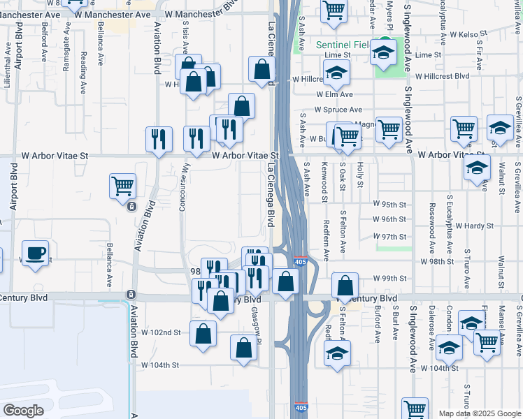 map of restaurants, bars, coffee shops, grocery stores, and more near 9518 Glasgow Place in Los Angeles