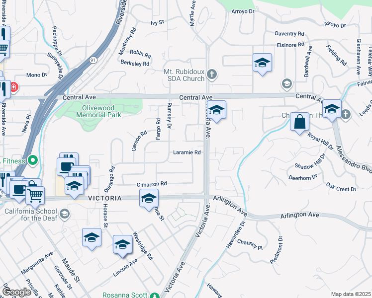 map of restaurants, bars, coffee shops, grocery stores, and more near 2779 Laramie Road in Riverside