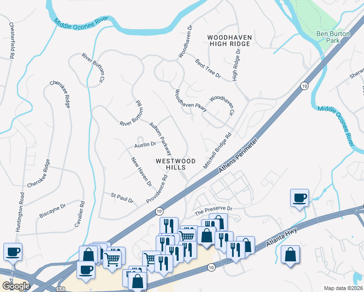 map of restaurants, bars, coffee shops, grocery stores, and more near 327 Providence Road in Athens