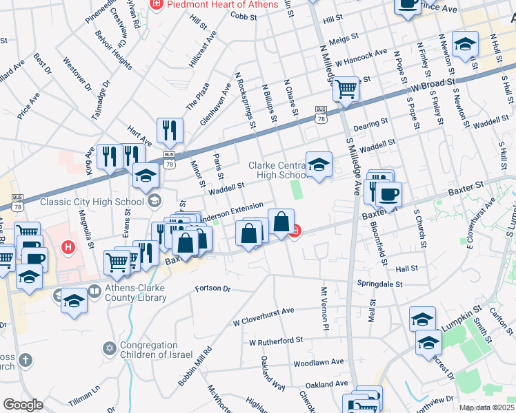 map of restaurants, bars, coffee shops, grocery stores, and more near 291 Henderson Extension in Athens