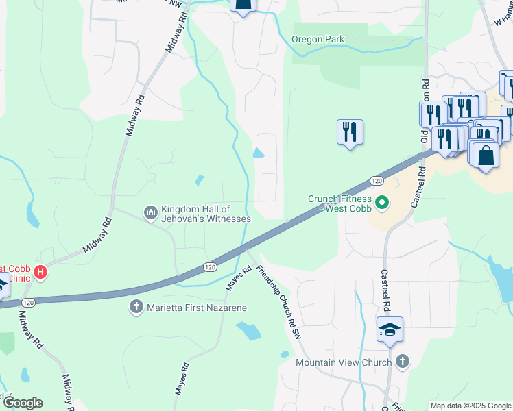 map of restaurants, bars, coffee shops, grocery stores, and more near 319 Parkside Meadow Drive in Marietta