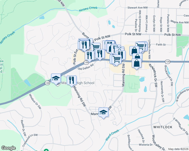 map of restaurants, bars, coffee shops, grocery stores, and more near 287 Westland Way Southwest in Marietta