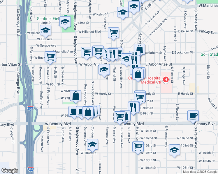 map of restaurants, bars, coffee shops, grocery stores, and more near 1022 South Fir Avenue in Inglewood