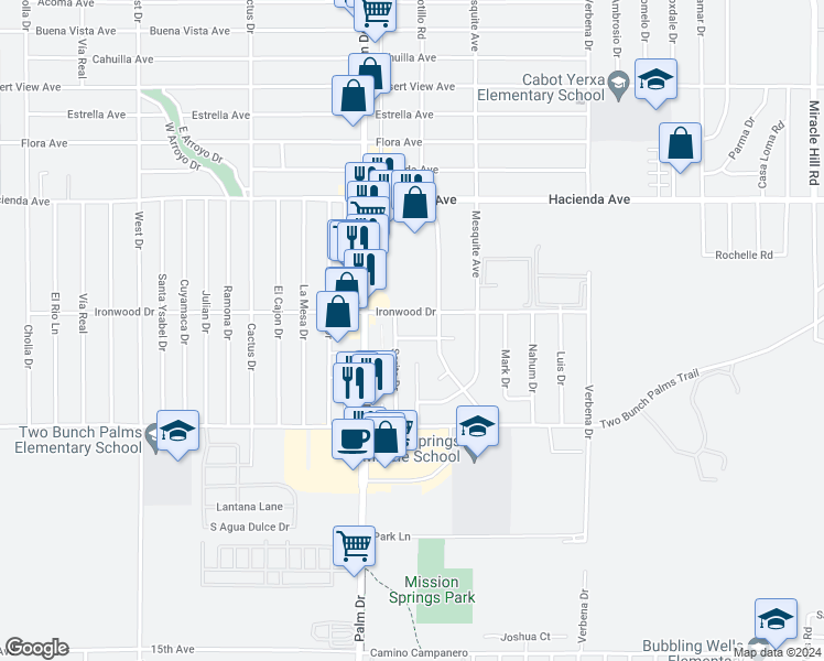 map of restaurants, bars, coffee shops, grocery stores, and more near 66590 Joseph Way in Desert Hot Springs