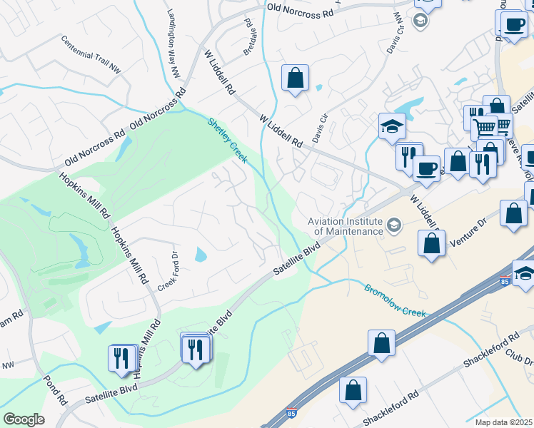 map of restaurants, bars, coffee shops, grocery stores, and more near 3713 Ridge Brook Trail in Duluth