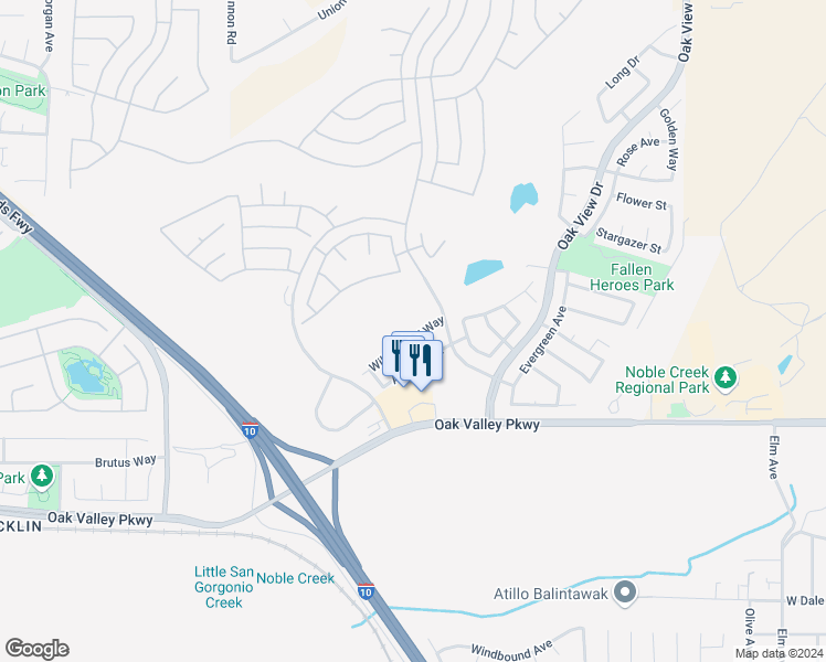map of restaurants, bars, coffee shops, grocery stores, and more near 1473 Willowbend Way in Beaumont