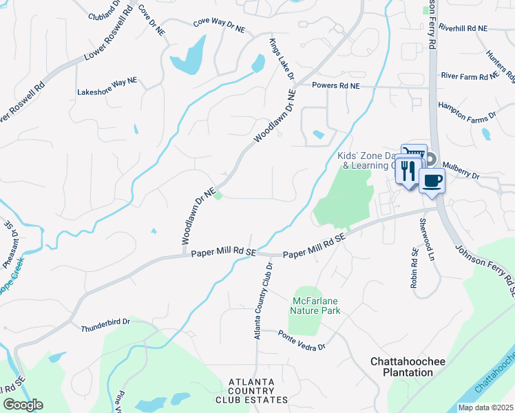 map of restaurants, bars, coffee shops, grocery stores, and more near 4428 Blackland Drive in Marietta