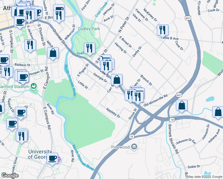 map of restaurants, bars, coffee shops, grocery stores, and more near 1120 Oconee Street in Athens