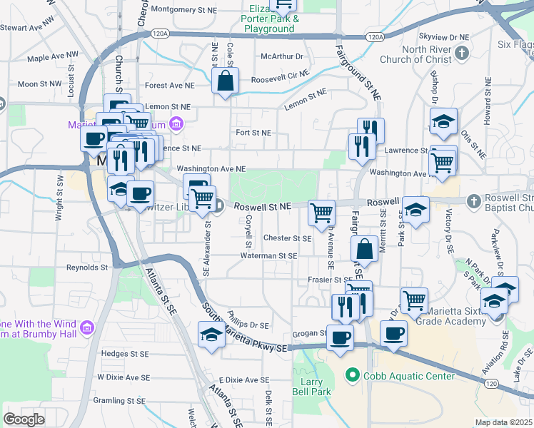 map of restaurants, bars, coffee shops, grocery stores, and more near 380 Roswell Street Northeast in Marietta