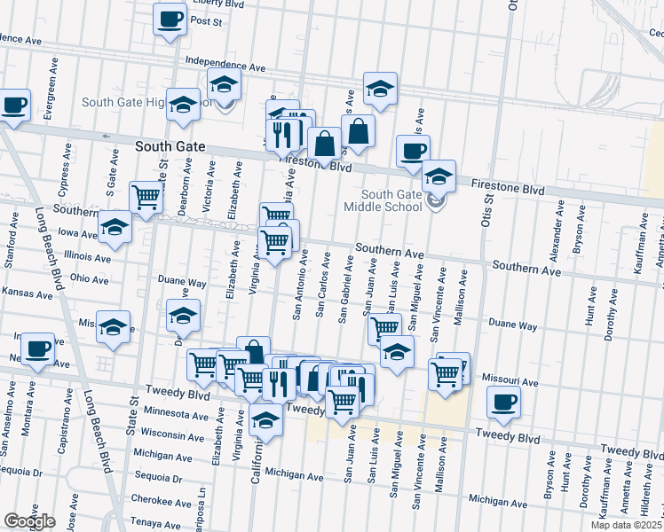 map of restaurants, bars, coffee shops, grocery stores, and more near 9324 San Carlos Avenue in South Gate
