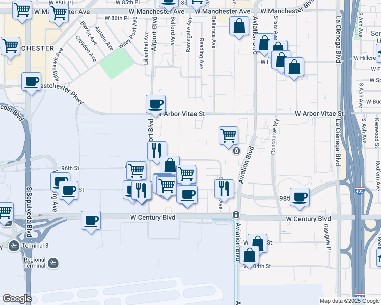 map of restaurants, bars, coffee shops, grocery stores, and more near 5760 96th Street in Los Angeles