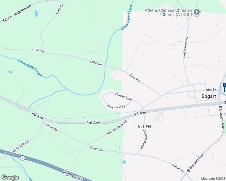 map of restaurants, bars, coffee shops, grocery stores, and more near 1151 Hunter Trail in Bogart