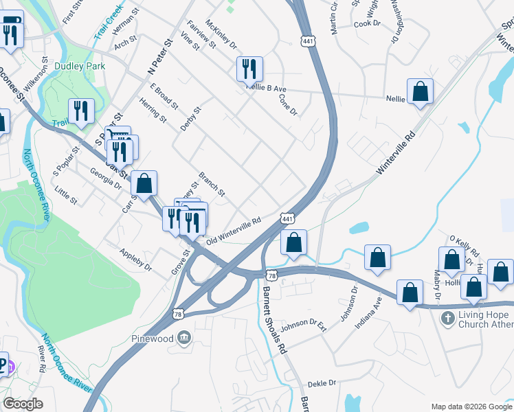map of restaurants, bars, coffee shops, grocery stores, and more near 368 Branch Street in Athens