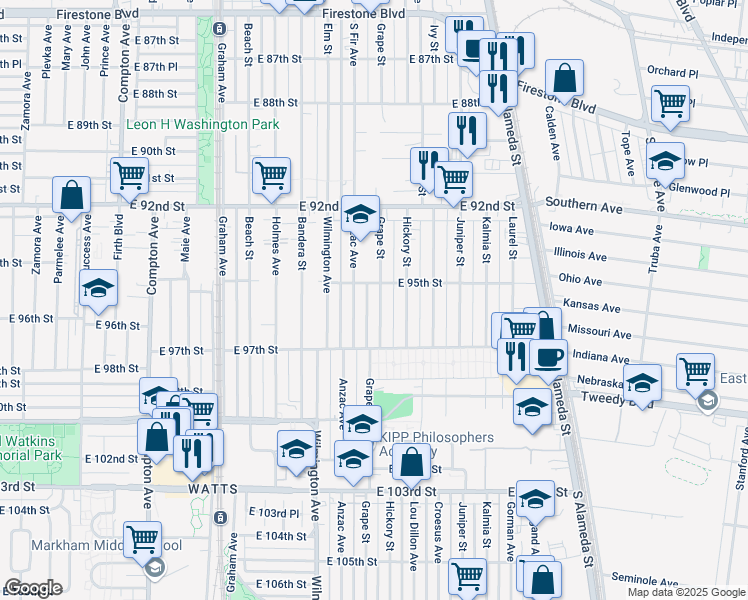 map of restaurants, bars, coffee shops, grocery stores, and more near 9517 Grape Street in Los Angeles