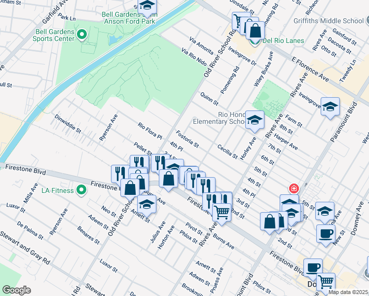 map of restaurants, bars, coffee shops, grocery stores, and more near 7445 4th Place in Downey