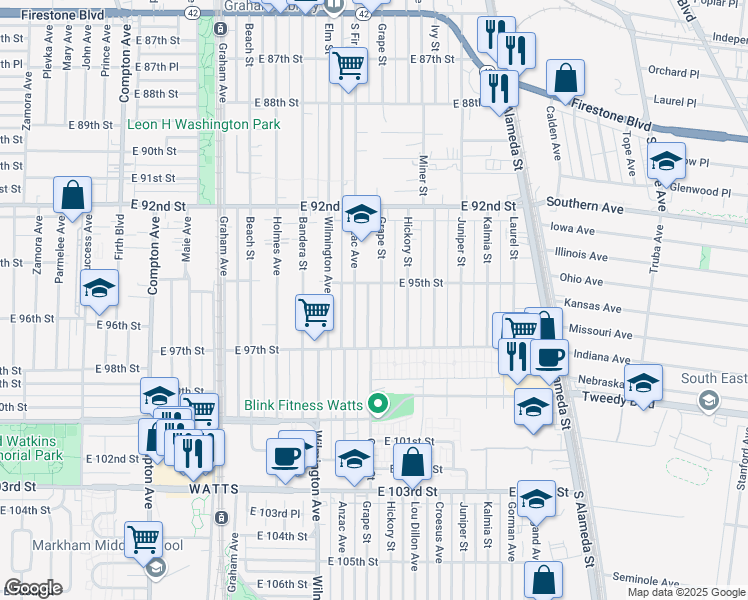map of restaurants, bars, coffee shops, grocery stores, and more near 9517 Grape Street in Los Angeles