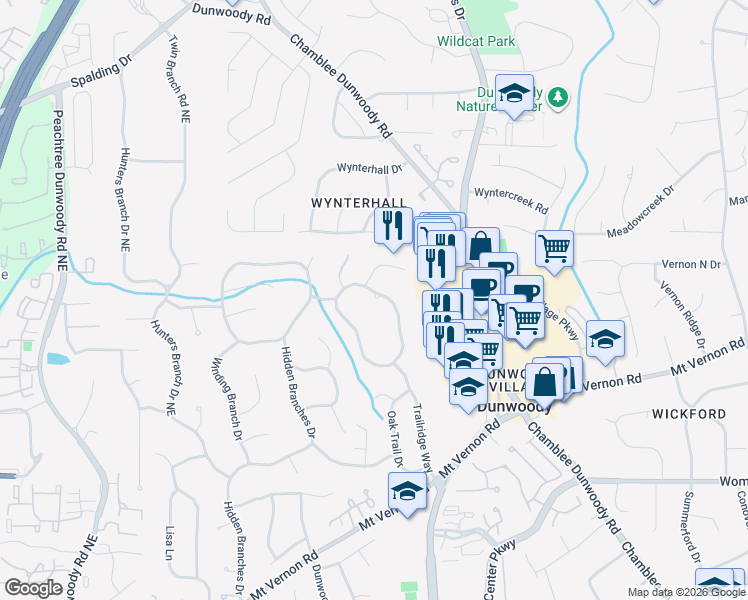 map of restaurants, bars, coffee shops, grocery stores, and more near 5163 Hidden Branches Circle in Dunwoody