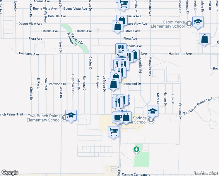 map of restaurants, bars, coffee shops, grocery stores, and more near 13547 Caliente Drive in Desert Hot Springs