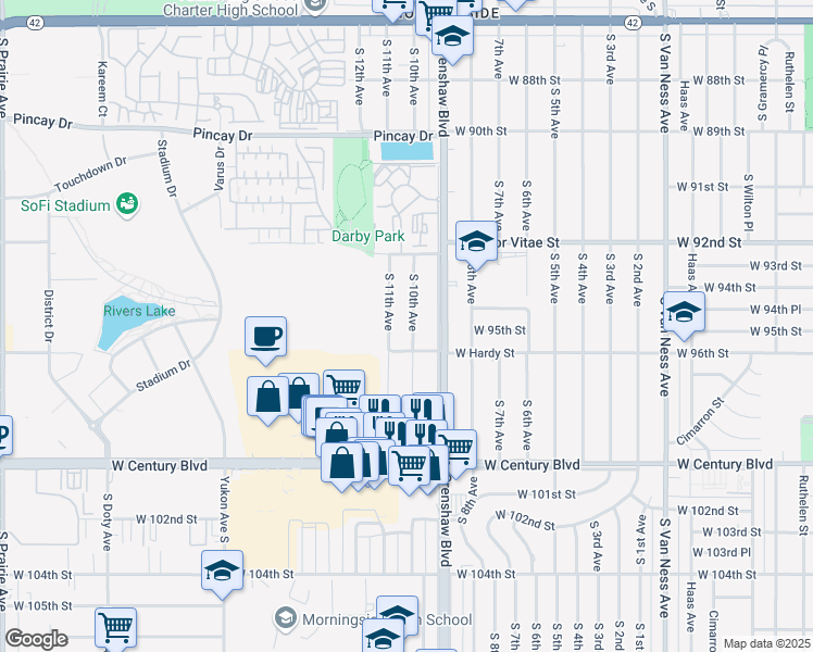 map of restaurants, bars, coffee shops, grocery stores, and more near 9507 South 10th Avenue in Inglewood
