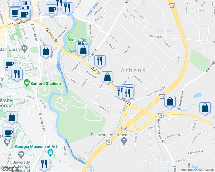 map of restaurants, bars, coffee shops, grocery stores, and more near 424 Georgia Drive in Athens