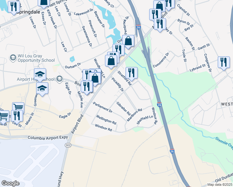 map of restaurants, bars, coffee shops, grocery stores, and more near 6 Londonderry Square in Cayce