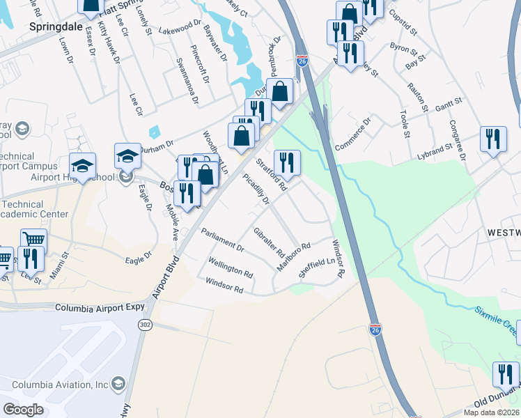 map of restaurants, bars, coffee shops, grocery stores, and more near 102 Picadilly Square in Cayce