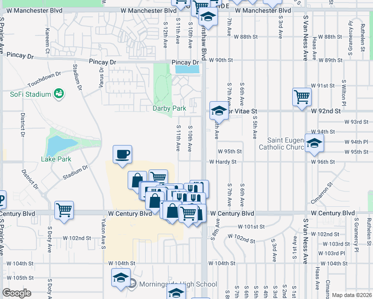 map of restaurants, bars, coffee shops, grocery stores, and more near 9507 South 10th Avenue in Inglewood