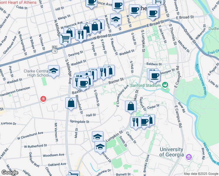 map of restaurants, bars, coffee shops, grocery stores, and more near 515 Baxter Street in Athens