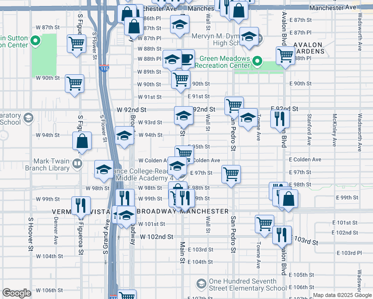 map of restaurants, bars, coffee shops, grocery stores, and more near 9502 Main Street in Los Angeles