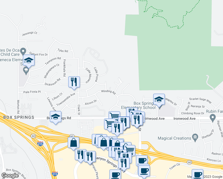 map of restaurants, bars, coffee shops, grocery stores, and more near 21768 Winding Road in Moreno Valley