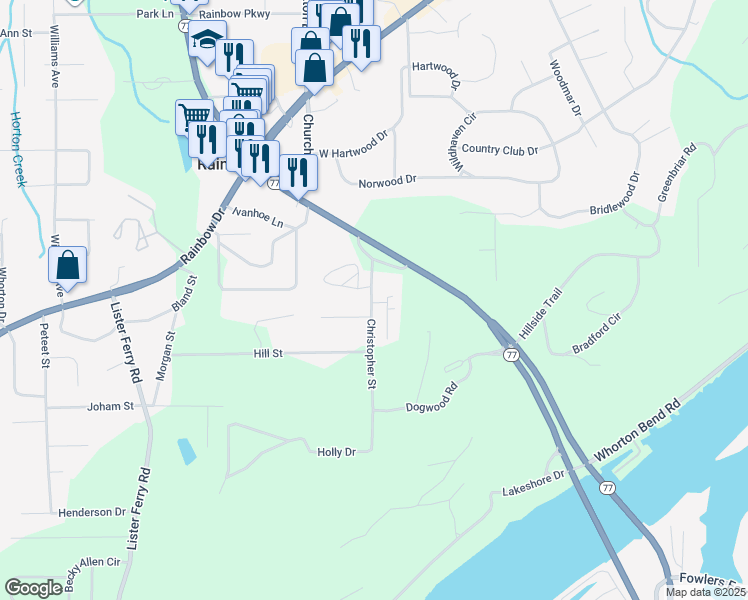map of restaurants, bars, coffee shops, grocery stores, and more near 105 Larkwood Circle in Rainbow City