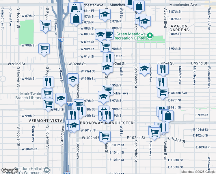 map of restaurants, bars, coffee shops, grocery stores, and more near 9502 Main Street in Los Angeles