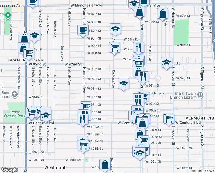 map of restaurants, bars, coffee shops, grocery stores, and more near 1219 West 95th Street in Los Angeles