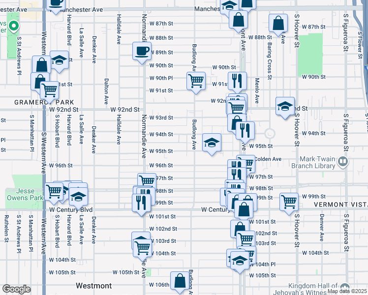 map of restaurants, bars, coffee shops, grocery stores, and more near 1219 West 95th Street in Los Angeles