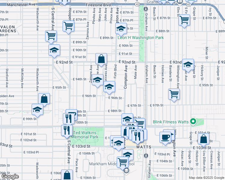 map of restaurants, bars, coffee shops, grocery stores, and more near 1471 East 96th Street in Los Angeles