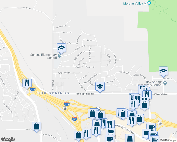 map of restaurants, bars, coffee shops, grocery stores, and more near 21396 Lilium Court in Moreno Valley