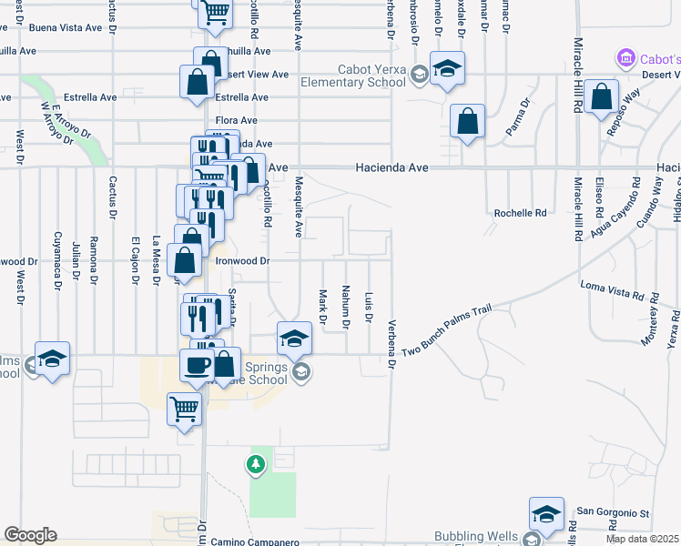 map of restaurants, bars, coffee shops, grocery stores, and more near 13620 Nahum Drive in Desert Hot Springs