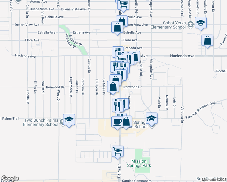 map of restaurants, bars, coffee shops, grocery stores, and more near 13721 Palm Drive in Desert Hot Springs