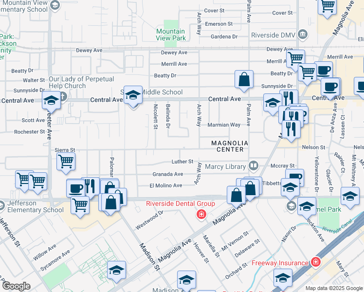 map of restaurants, bars, coffee shops, grocery stores, and more near 4744 Sierra Street in Riverside