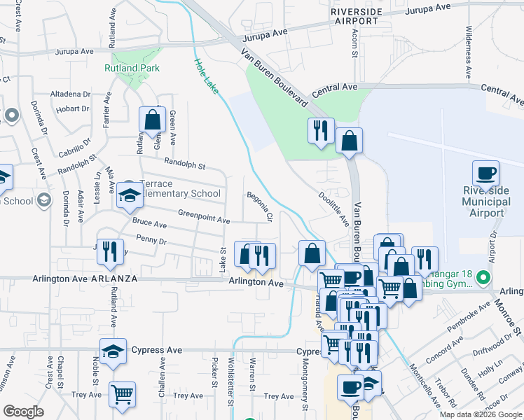 map of restaurants, bars, coffee shops, grocery stores, and more near 6588 Begonia Circle in Riverside
