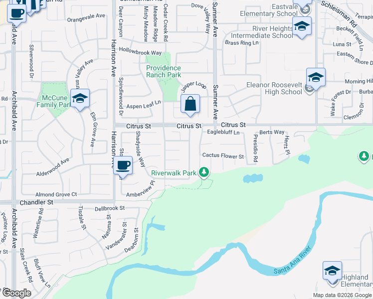 map of restaurants, bars, coffee shops, grocery stores, and more near 7619 Soaring Bird Court in Corona