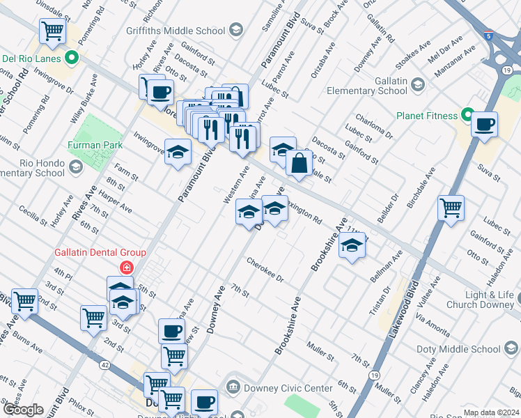 map of restaurants, bars, coffee shops, grocery stores, and more near 10330 La Reina Avenue in Downey