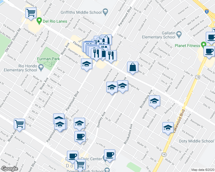 map of restaurants, bars, coffee shops, grocery stores, and more near 10330 La Reina Avenue in Downey