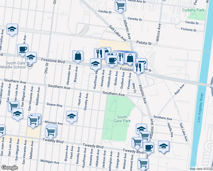 map of restaurants, bars, coffee shops, grocery stores, and more near 9002 Annetta Avenue in South Gate