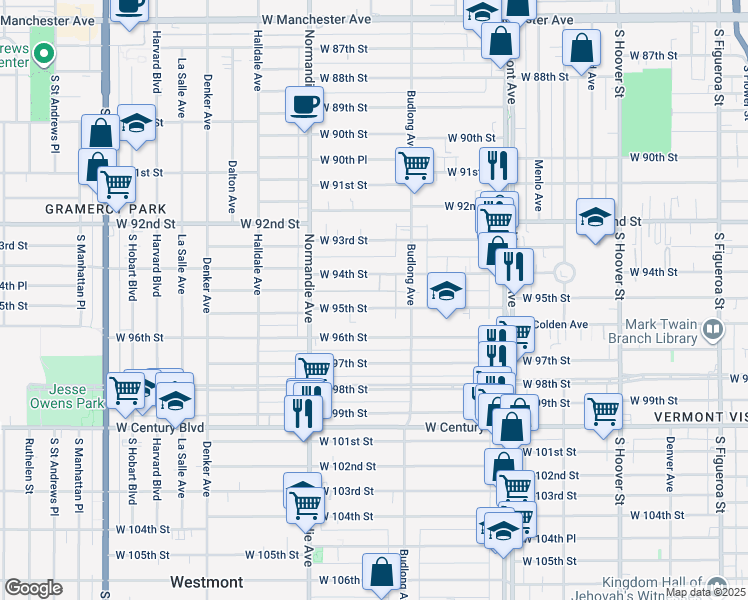 map of restaurants, bars, coffee shops, grocery stores, and more near 1240 West 95th Street in Los Angeles