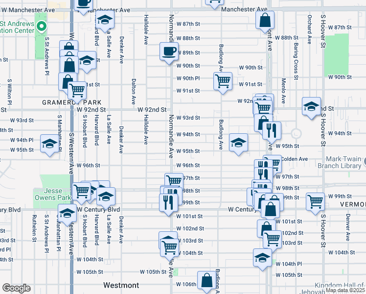 map of restaurants, bars, coffee shops, grocery stores, and more near 1328 West 95th Street in Los Angeles