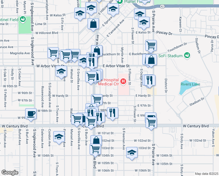 map of restaurants, bars, coffee shops, grocery stores, and more near 415 East Hardy Street in Inglewood