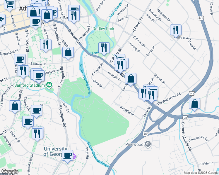 map of restaurants, bars, coffee shops, grocery stores, and more near 950 Oconee Street in Athens