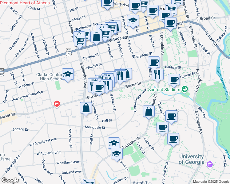 map of restaurants, bars, coffee shops, grocery stores, and more near 550 South Church Street in Athens