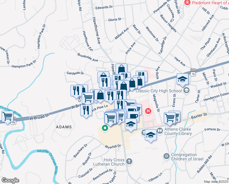 map of restaurants, bars, coffee shops, grocery stores, and more near in Athens